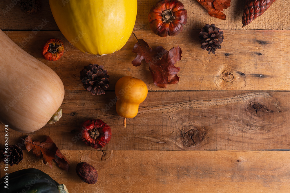 Pumpkins, cones and dry leaves on a wooden background, autumn composition, for congratulations on Thanksgiving Day, a holiday in the USA