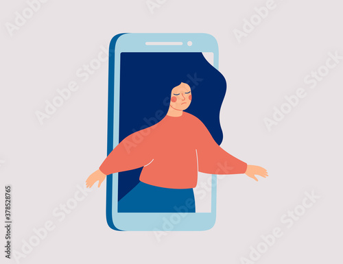 Sad female runs out of the mobile phone. Girl feels vulnerable and lonely on social online spaces. Social media influence on mental health and wellness. Vector illustration