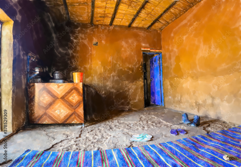 Obraz premium watercolor illustration: Inside a rest stop in the desert of Sudan with a blue carpet and a stove where food, tea and coffee are prepared.