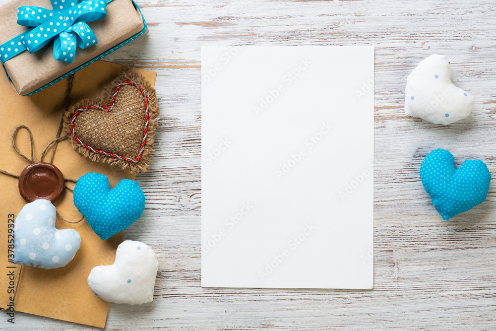 Flat lay cute composition with fabric heart Flat lay cute composition with fabric heart