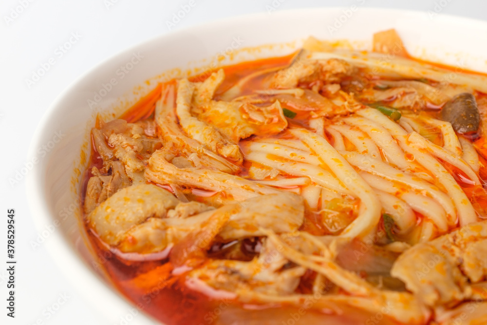 Chicken noodles on white background