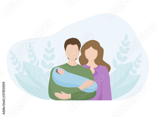 Family with a newborn child. The father holds a small child in his arms, the mother stands beside him. The concept of family values, motherhood and paternity . background of the leaves with nature.