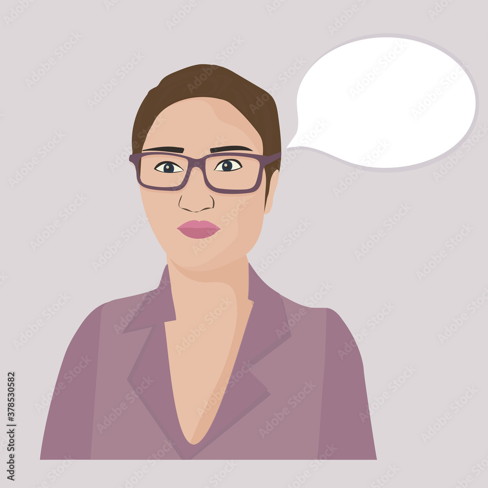 A portrait of a successful businesswoman.Short haircut, glasses. A woman with a speech balloon. Vector flat illustration A portrait of a successful businesswoman.Short haircut, glasses. A woman with a speech balloon. Vector flat illustration