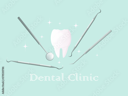 Dental instruments for oral examination and treatment of teeth. Poster for dental design. Flat illustration