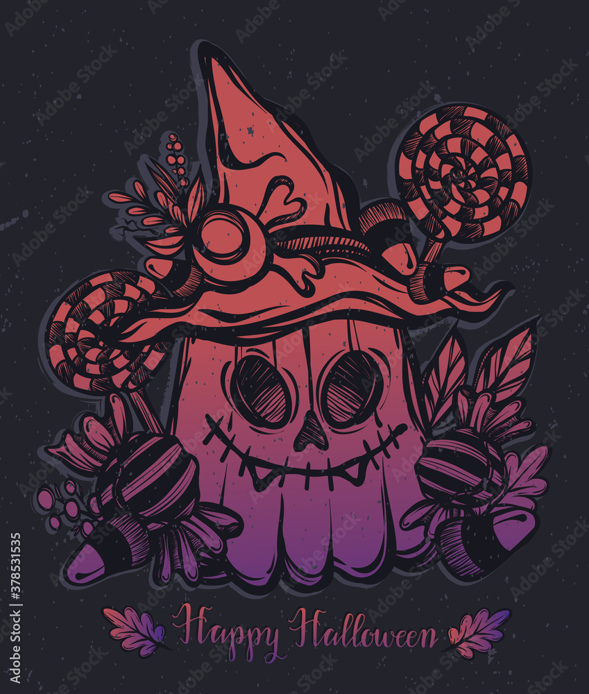 Vector illustration, Happy Halloween, pumpkin in witch hat, candy, leaves, mysticism, prints, background dark. Handmade