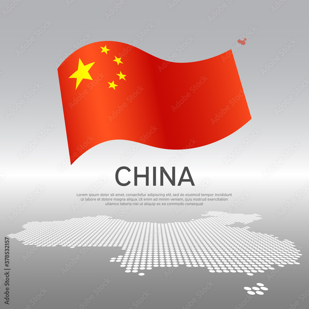 China wavy flag and mosaic map on light background. Creative background for the national chinese poster. Vector design. Business booklet. State chinese patriotic banner, flyer