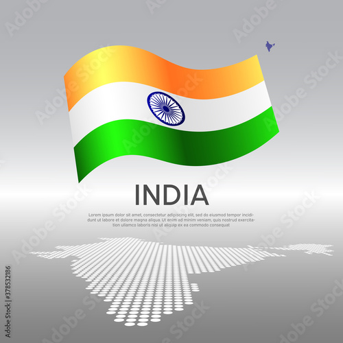 India wavy flag and mosaic map on light background. Creative background for the national indian poster. Vector tricolor design. Business booklet. State indian patriotic banner, flyer