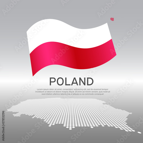 Poland wavy flag and mosaic map on light background. Creative background for the national Polish poster. Vector design. Business booklet. State polish patriotic banner, flyer