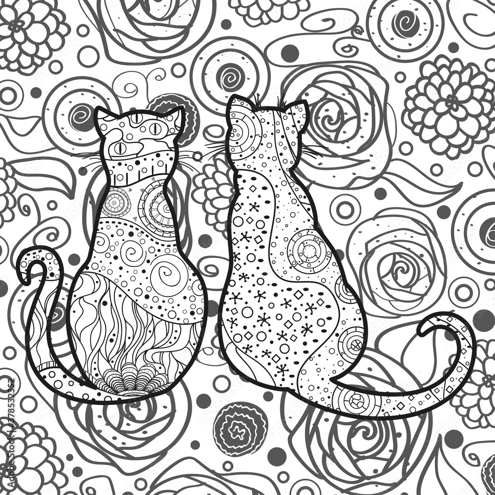 Cats on abstract square pattern. Hand drawn abstract cat. Black and white illustration for colouring