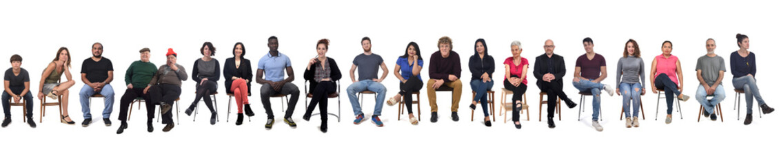large group of mixed people siiting on chair on white