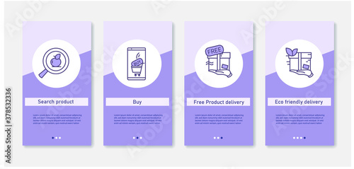 Order and shipping process mobile app.Set of app screens with product search, buy section, free product delivery and eco friendly delivery.UI, UX, web template with linear icons.Online shopping
