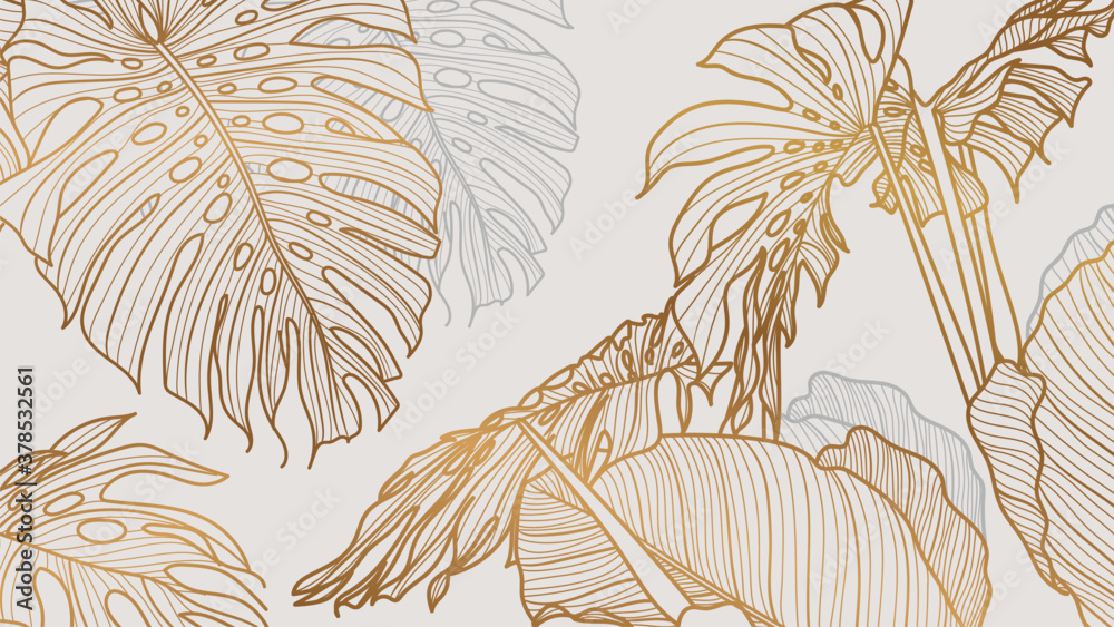 Luxury golden art deco wallpaper. Floral pattern with golden split-leaf Philodendron plant with monstera plant line art on green emerald color background. Vector illustration.