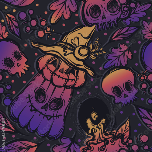 Vector illustration  Happy Halloween  pumpkin in witch hat  skull  candle  leaves  mysticism  background  dark seamless pattern. Handmade  prints