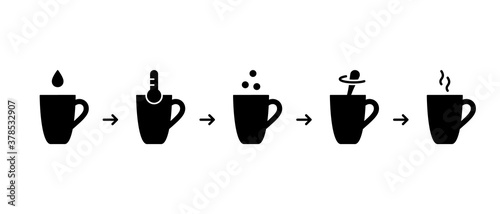 Silhouette icons set. Steps for making cocoa with milk. Chocolate Drink Mix instruction. Cup, drop, dry powder, spoon, thermometer, hot jet of steam. Cooking process. Black flat vector illustration