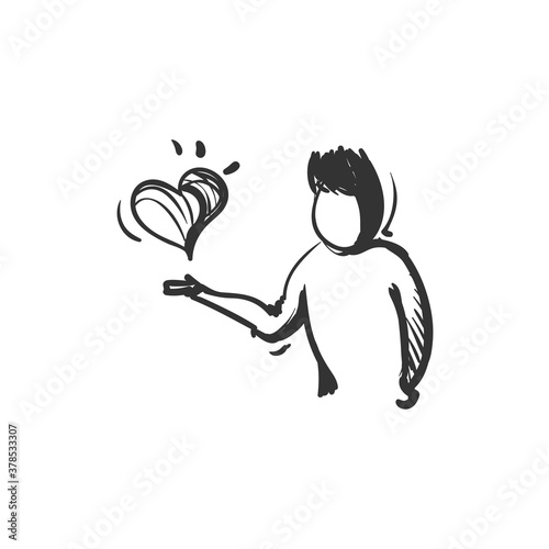 Virtue line icon. Person holding hand for heart. Outline drawing. Ethically good and honorable traits. Moral excellence concept. Isolated vector illustration