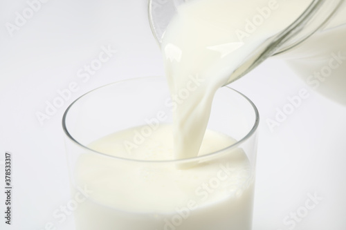 Pouring milk into glass on white background, closeup