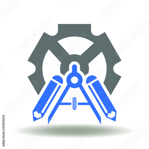 Cogwheel with drawing compass and pencil icon vector. Designing Architecture BIM Engineering Construction Symbol.