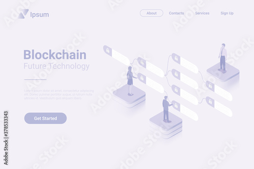 People working with Blockchain data Isometric Flat white monochrome vector concept.