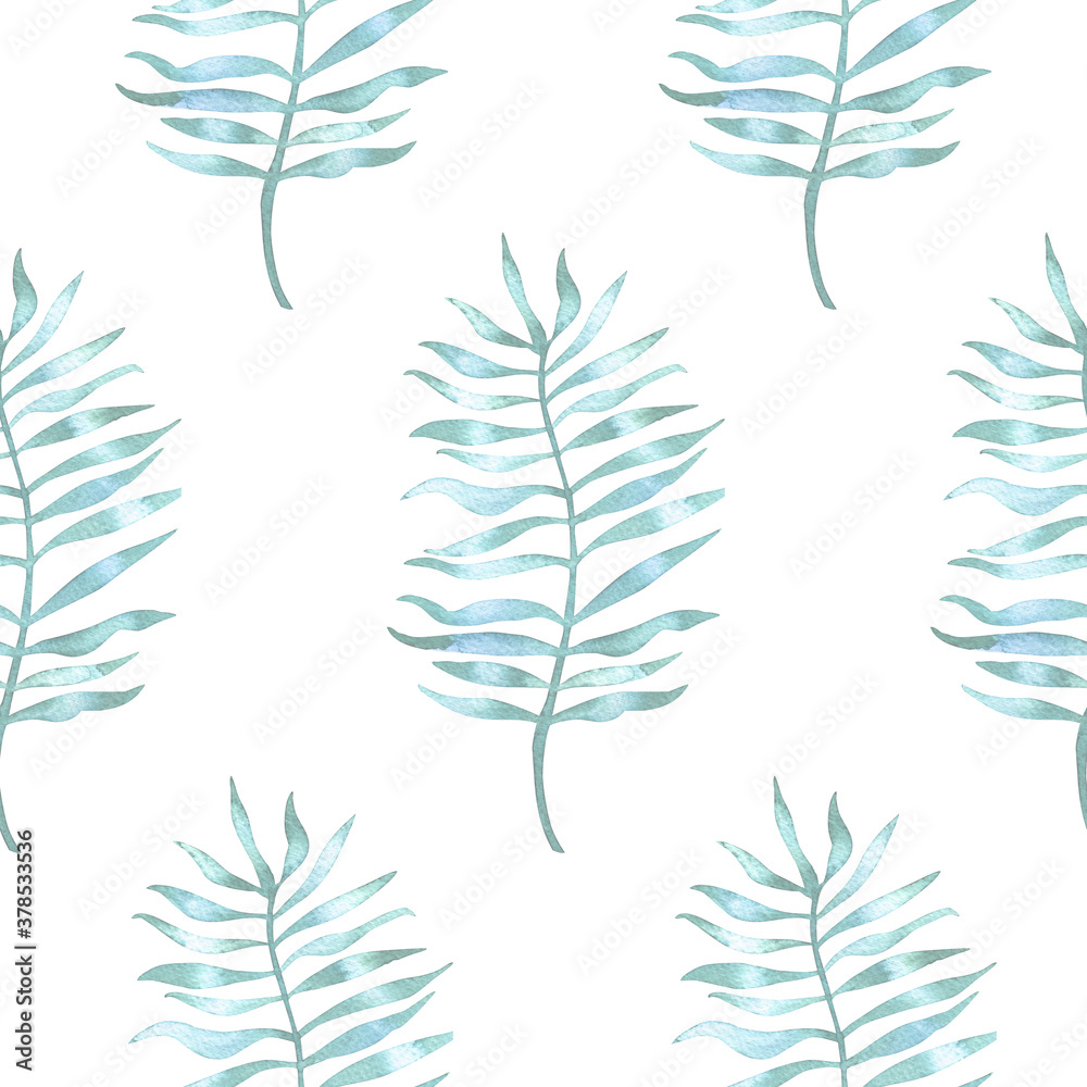 Simple light seamless pattern with watercolor palm leaves on white. Texture with tropical leaf repeat. Simple light seamless pattern with watercolor palm leaves on white. Texture with tropical leaf repeat.