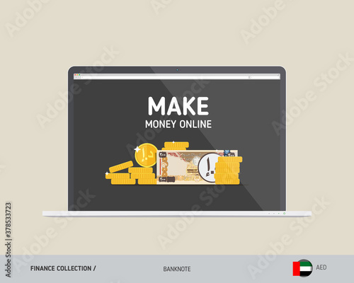 Notebook with 200 United Arab Emirates Dirham banknote. Flat style vector illustration. Finance concept.