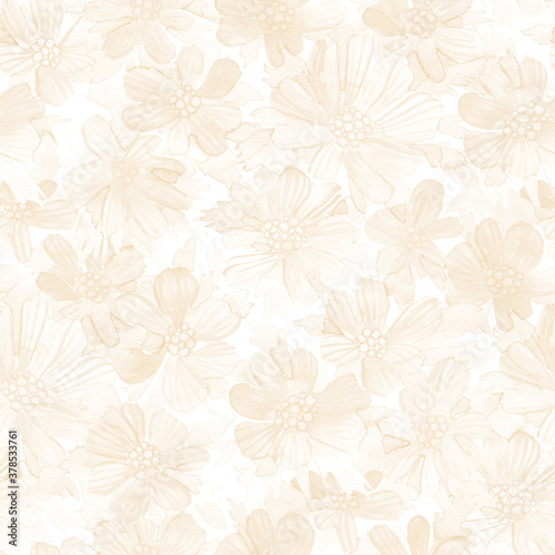 Watercolor wild beige cosmos flowers seamless pattern. Hand painted raster texture.