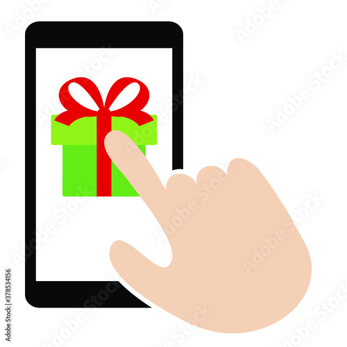 Christmas online shopping . Gift on phone screen and hand isolated on white background