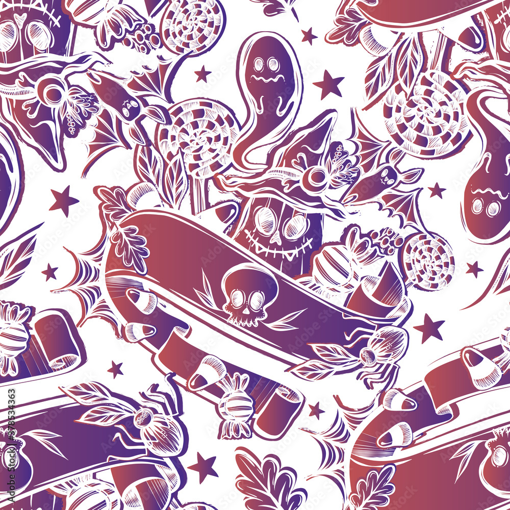 Fototapeta premium Vector illustration, Happy Halloween, pumpkin in witch hat, candy, bat, ghost, mysticism. Handmade, prints, light background, seamless pattern