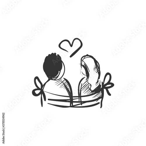 Affection line icon.Man and women sitting together on a bench. Outline drawing. Romantic expression of feelings concept. Amorous relationship. Valentine day. Isolated vector illustration