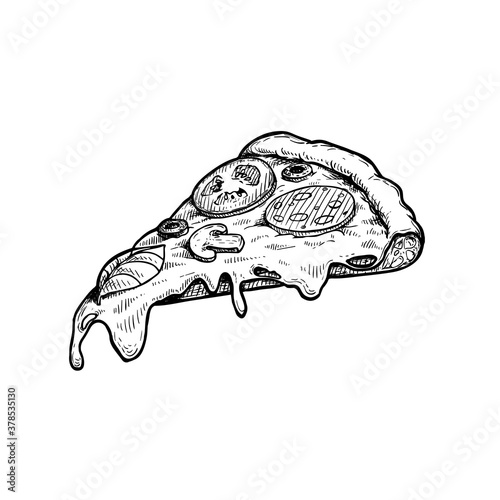 Hand drawn sketch style pizza slice. Pepperoni pizza with salami, tomato, mushroom slices, basil leaf and melted cheese. Best for pizzeria package and menu designs. 