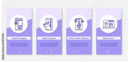 Online shopping mobile app. Set of app screens with shopping  payment  media shopping and online store. UI  UX  web template with RGB color linear icons