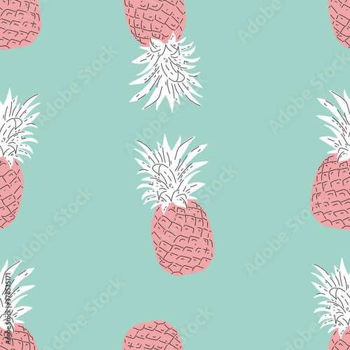 pink Pineapple with teal background Summer colorful tropical textile print. Seamless repeat pattern