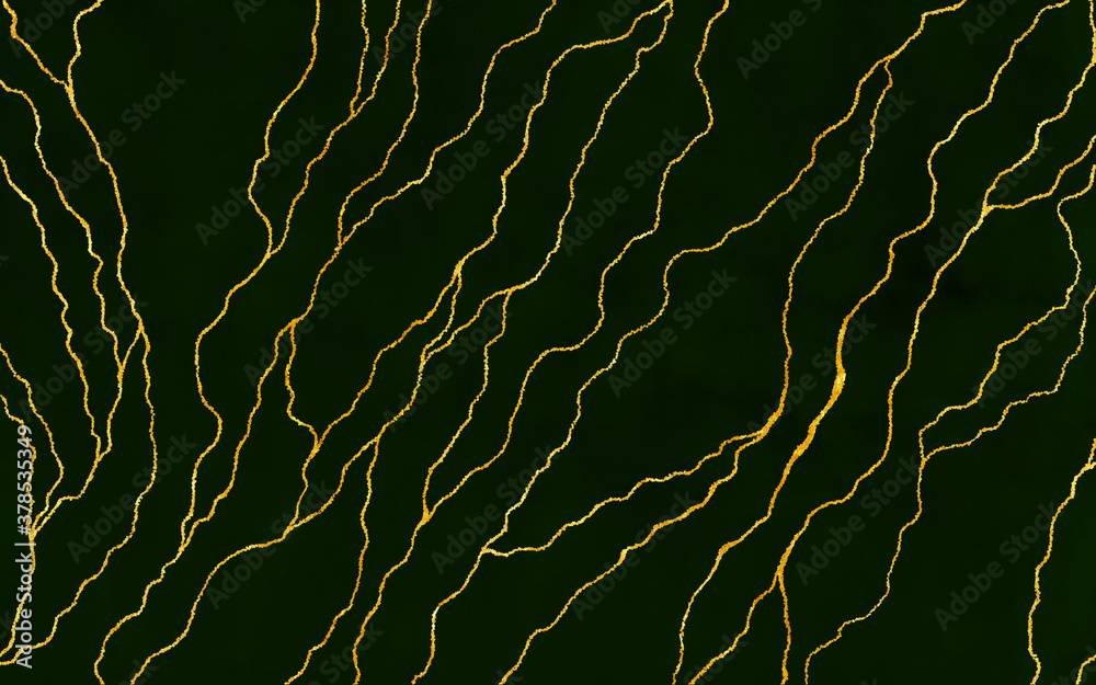 Gold lines foil on green background. Hand drawn outline. Abstract pattern marbled textured with spots and scratches. Shiny elegant abstract wallpaper for design cards, template Gold lines foil on green background. Hand drawn outline. Abstract pattern marbled textured with spots and scratches. Shiny elegant abstract wallpaper for design cards, template