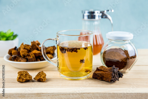 Healthy pure wild natural chaga mushroom, Inonotus obliquus powder and chunks for making tea, coffee and herbal remedy concept. Studio composition. 