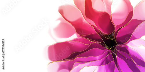 Handmade watercolor, alcohol inks flowers with purple, red and pink, gold on the white background. Useable as a background or texture. Elegant gold veins and splashes wallpaper. photo