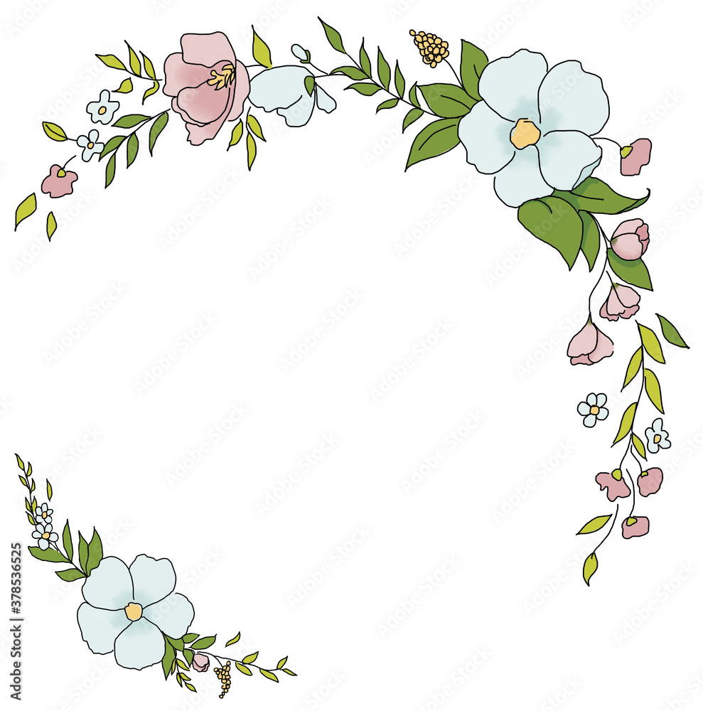 Pre made frame wreath with green leaf branches, pink and blue flowers. Wedding ornament concept. Floral poster, invite. Decorative greeting card, invitation design background, birthday party