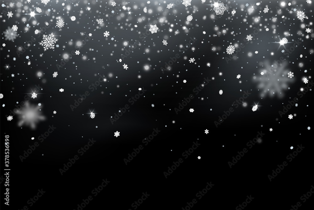 Falling snowflakes. Snow fall with transparence on black background, without overlay effect. Christmas snowed vector backdrop