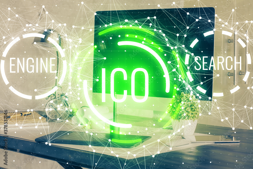 Double exposure of blockchain theme hologram and table with computer background. Concept of bitcoin crypto currency. Double exposure of blockchain theme hologram and table with computer background. Concept of bitcoin crypto currency.
