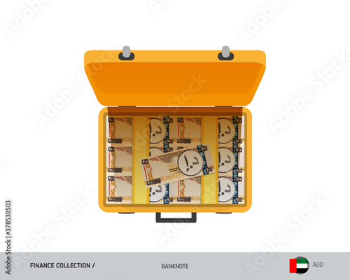Yellow case with 200 United Arab Emirates Dirham banknotes. Flat style vector illustration. Salary payout or corruption concept.