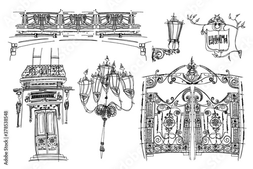 set of architecture elements, vintage decorative elements. black and white line graphics in retro style with bridge, doors, gates, lanterns, balcony.