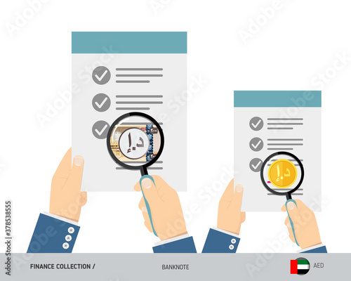 Search 200 United Arab Emirates Dirham banknote and coin. Flat style vector illustration. Favorable conditions concept.