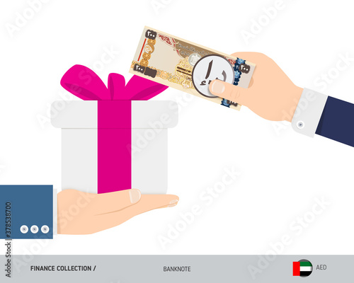 Buying a gift for 200 United Arab Emirates Dirham banknote. Flat style vector illustration. Shopping and finance concept.