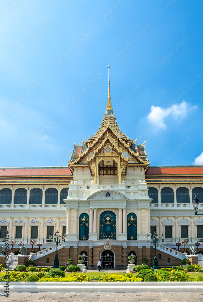Chakri Maha Prasart Throne Hall, one of the most important and beautiful hall in The Grand Palace in Bangkok, Thailand, under summer blue sky