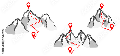 Mountain track gps route Summer or winter sport Tracking walking people footsteps Hiking icons Funny vector steps Ski resort trail map Mount pass Outdoor traveler trekking on road Hiker on top