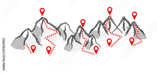 Mountain track gps route Summer or winter sport Tracking walking people footsteps Hiking icons Funny vector steps Ski resort trail map Mount pass Outdoor traveler trekking on road Hiker on top
