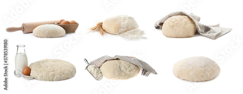 Set with raw dough and ingredients on white background. Banner design