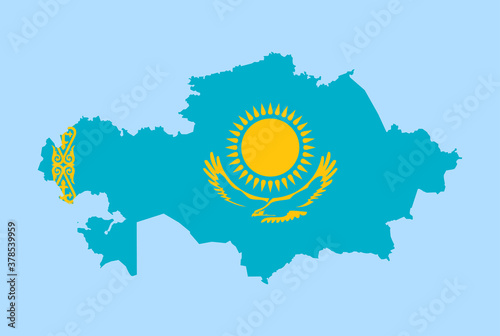 Map of Kazakhstan on a blue background, Flag of Kazakhstan on it.
