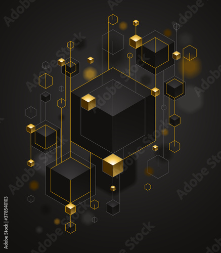 Abstract vector design with cluster of 3D cubes with golden elements vector design, luxury color style, jewelry classy elegant geometric design, shiny gold realistic abstraction.