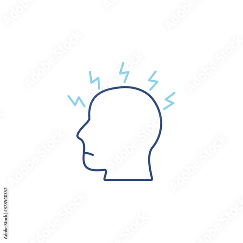 Migraine linear blue icon. Human head with lightning bolt flu symptom concept. Headache line symbol. Stress vector illustration isolated on white