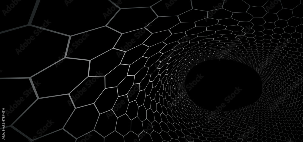Technology vector abstract background with hexagons mesh, 3D abstraction of nanotechnology and science, electronics and digital style, wire net dimensional perspective.