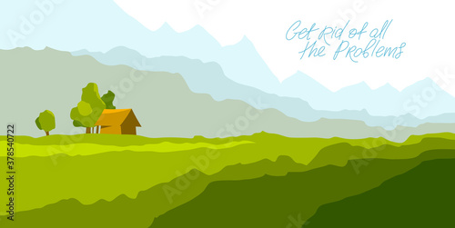Beautiful scenic nature landscape vector illustration summer or spring season with grasslands meadows hills and mountains, hiking traveling trip to the countryside concept.